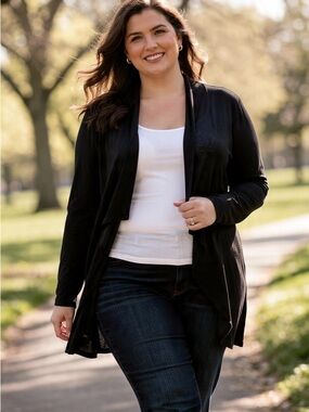 Natori Black Open-Front Cardigan with V-Neck